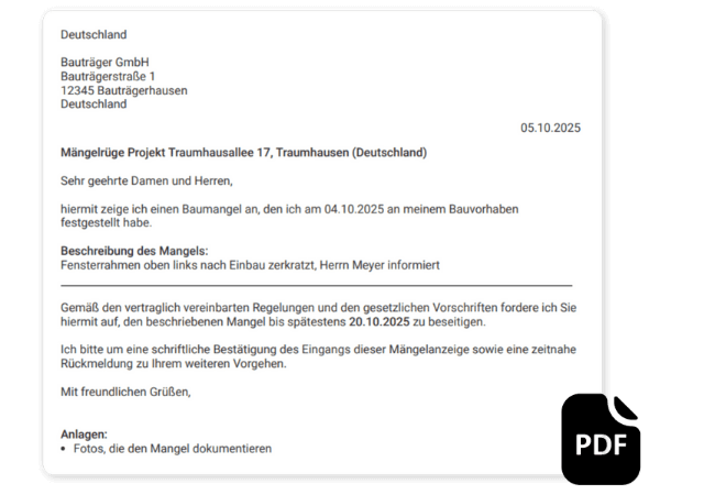 Mängelrüge auf Knopfdruck - Mit einem Klick kannst du mit POCASIO eine PDF erstellen und diese direkt an das betroffene Gewerk weiterleiten