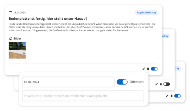 Entscheide bei jedem einzelnen Eintrag, ob dein Bautagebucheintrag auch auf deinem Baublog erscheinen soll