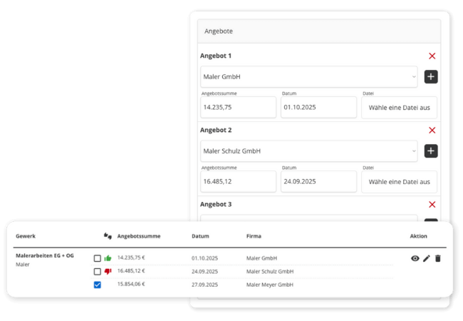 Trage beliebig viele Angebote für ein Gewerk ein und hinterlege auf Wunsch auch die PDF-Angebote