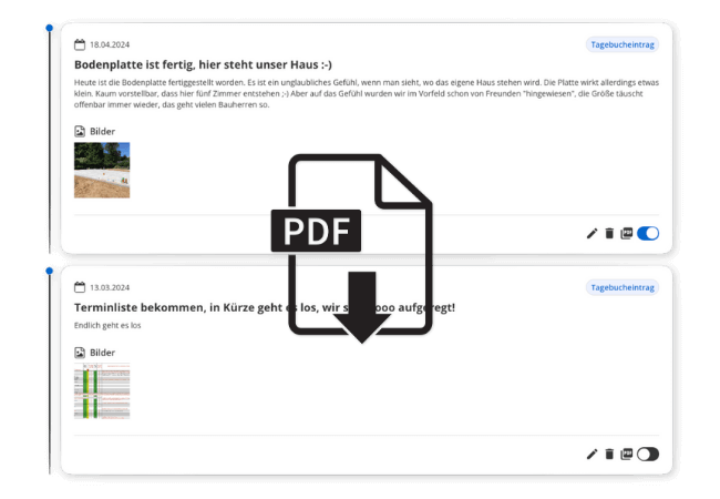 Das Bautagebuch kann als PDF exportiert und abgespeichert werden