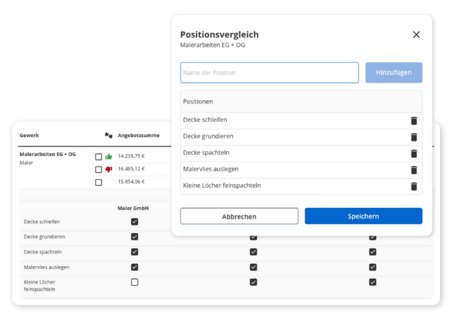 Erstelle für jeden Angebotsvergleich Positionen, für die du abgleichen möchtest, ob sie enthalten sind