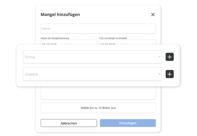 Ordne Baumängel direkt Firmen und Gewerken zu, um Verantwortlichkeiten klar zu haben
