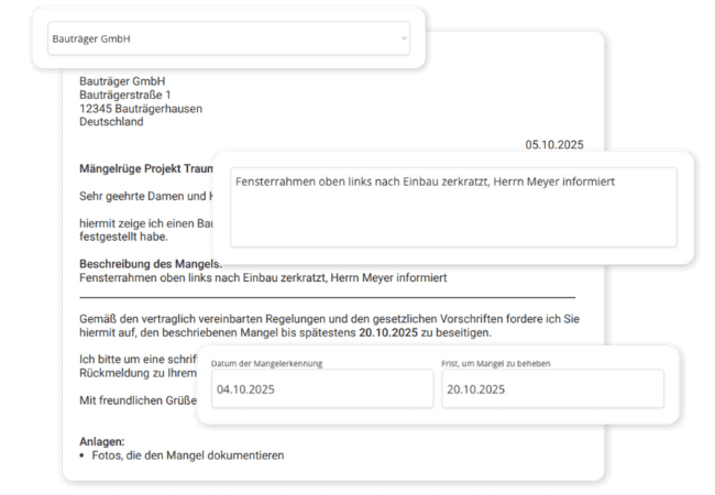 POCASIO erstellt aus deinen Eingaben automatisch eine Mängelrüge, die du als PDF-Datei an das entsprechende Gewerk weiterleiten kannst