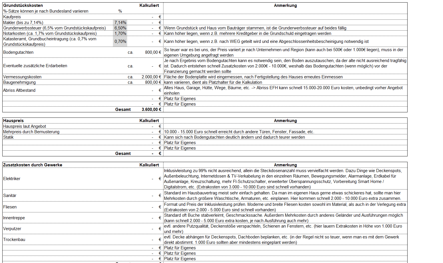 Baukostenrechner Excel