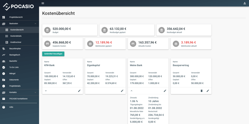 POCASIO Kostenübersicht und Baukostenaufstellung