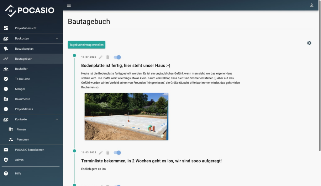 Hausbau planen kostenlos - Mit POCASIO pflegst du Bautagebücher mit wenigen Klicks