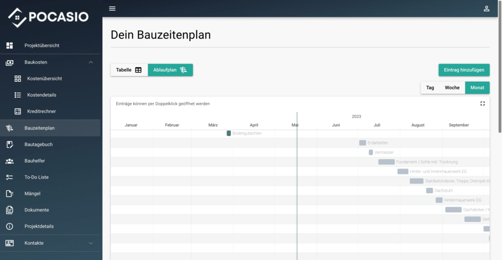 Hausbau planen Ablauf - Bauzeitenplan GANTT Chart - In dem Diagramm sieht man auf einen Blick, in welcher Reihenfolge die Arbeiten erledigt werden