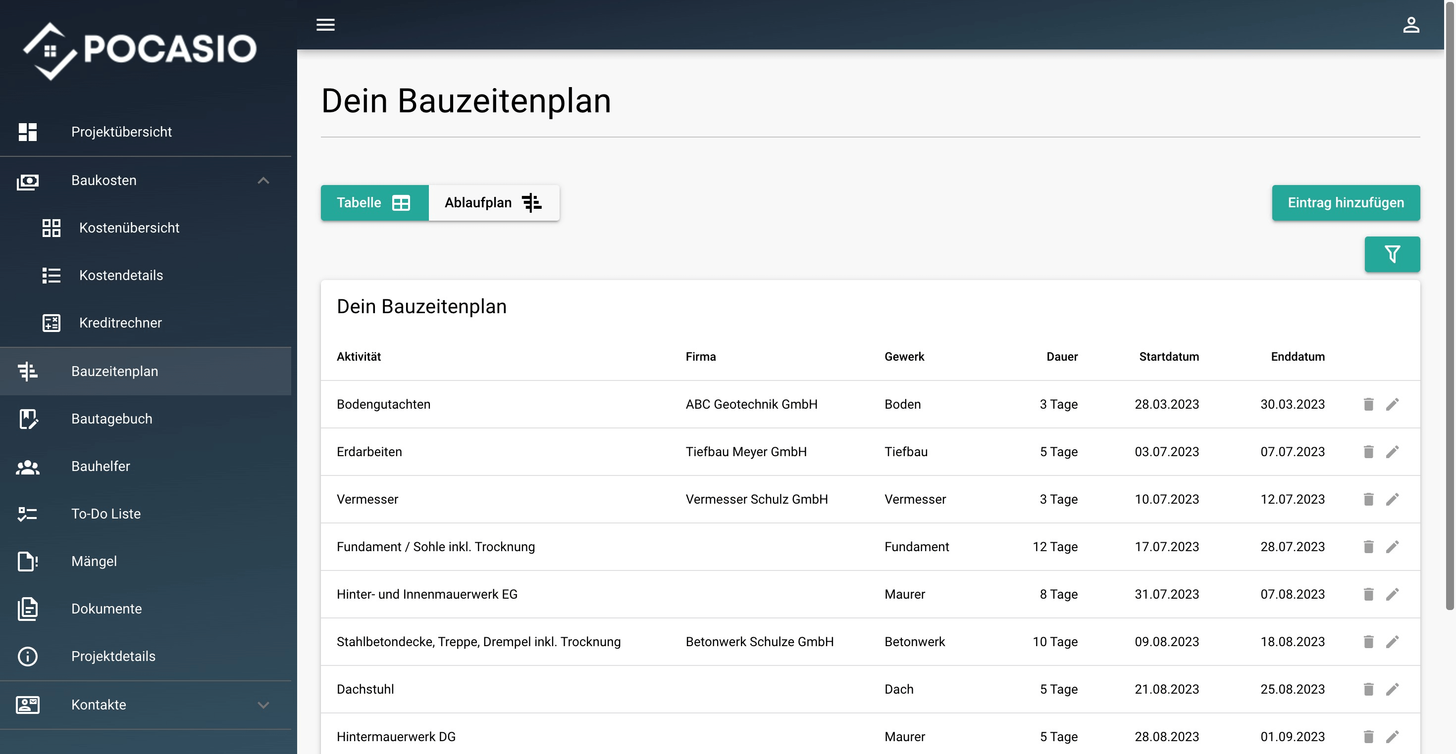 Bauzeitenplan Tabelle - In der Tabellenansicht hast du alle relevanten Daten auf einen Blick und kannst sie jederzeit bearbeiten