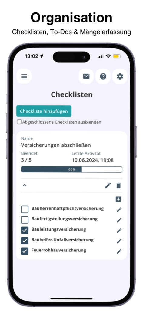 App Haus bauen mit Checklisten