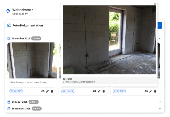 Foto-Dokumentation je Raum - sortiert nach Datum inkl. Vorschaufunktion und Beschreibung vom ganzen Bild