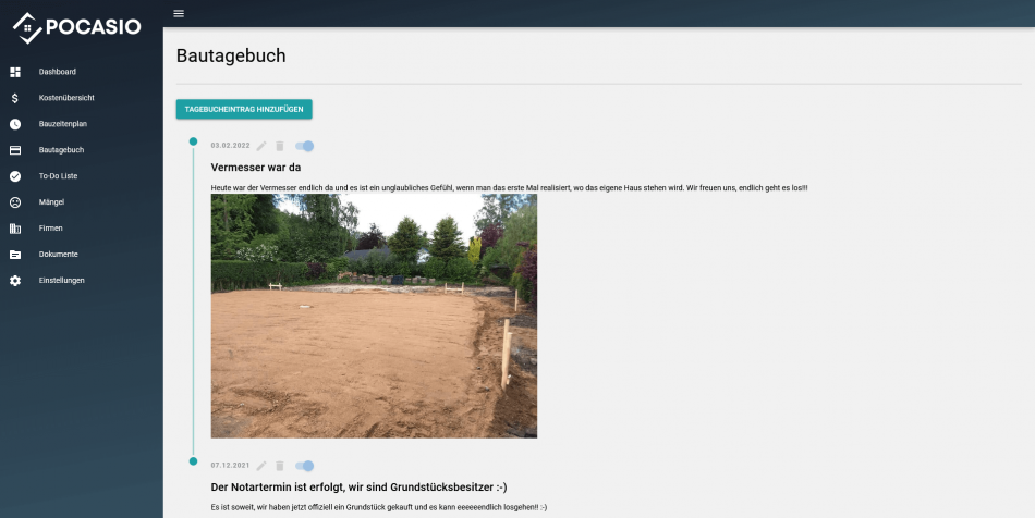 Bautagebuch - Pflege deinen ganz persönlichen Baublog - wahlweise nur für dich oder mit einem Klick auch öffentlich